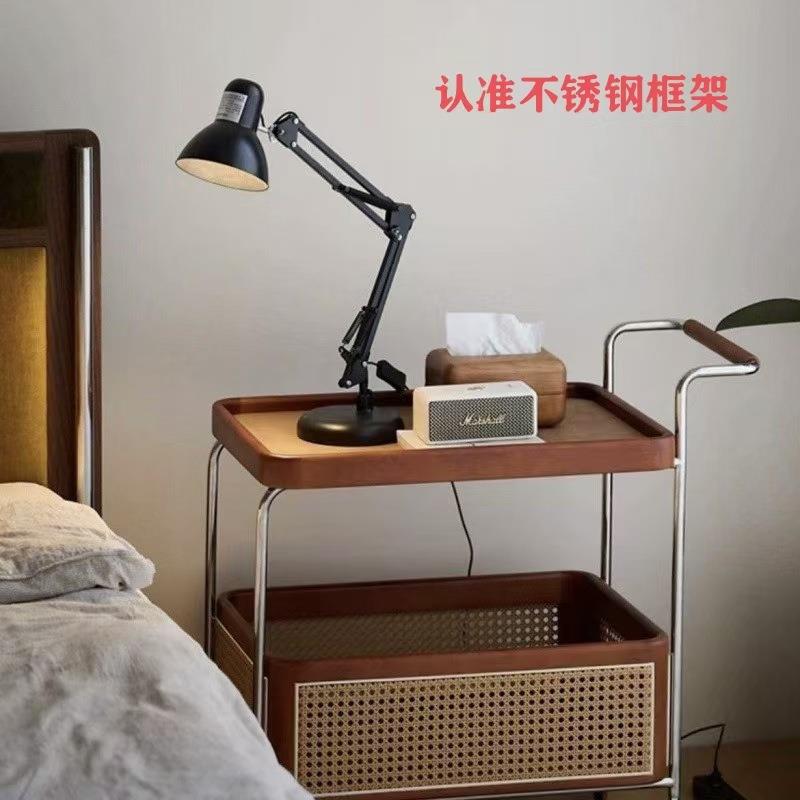 木式动带边几QLU收纳中古小车客厅储物藤轮编置移物简推约茶几