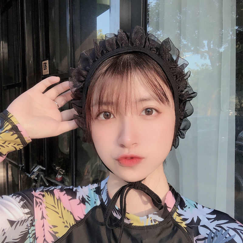 个性花边系带可调节不勒头游泳帽女士舒适布料学生显脸小护耳帽子