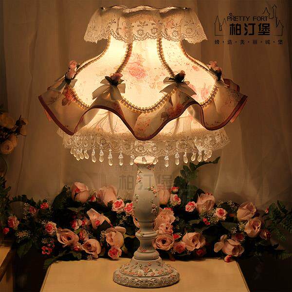 高档式树韩式欧乡村田园公主粉色瑰碎花脂布艺卧室床头装饰玫台灯