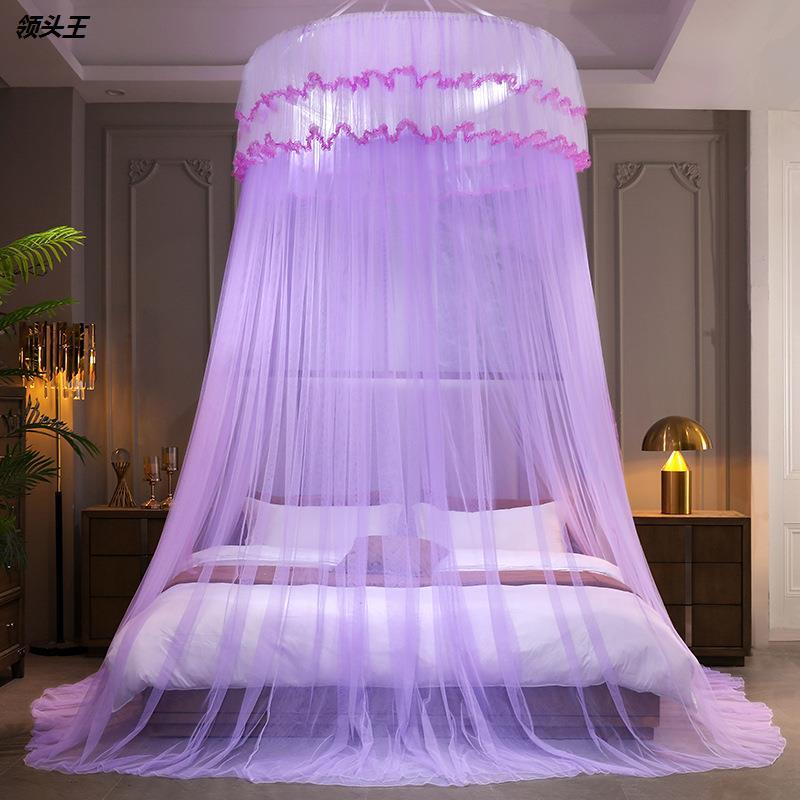 蚊帐免安装吊顶圆顶加密可折叠纹帐家用1.5米1.8床公主风吸顶落地