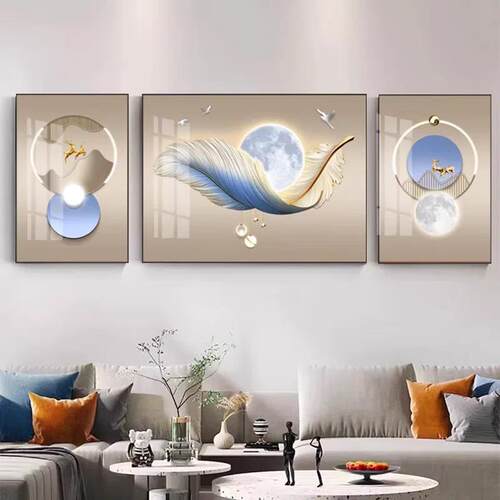 现代简约客厅装饰画三联画羽毛月亮风景卧室有框挂画