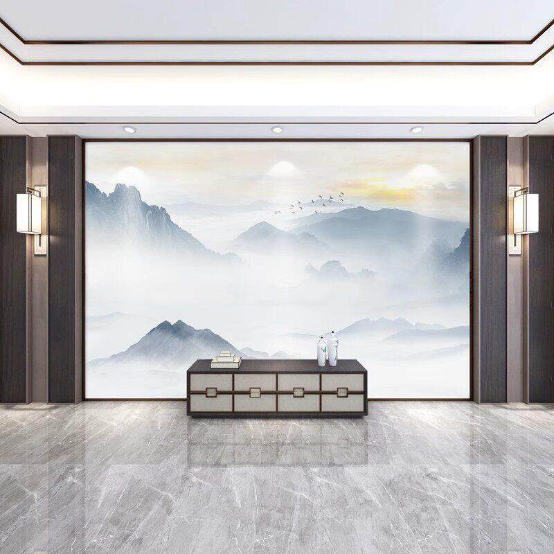 竹木纤维集成护墙板新款中式水墨山水碳晶板电视背景墙画客厅卧室