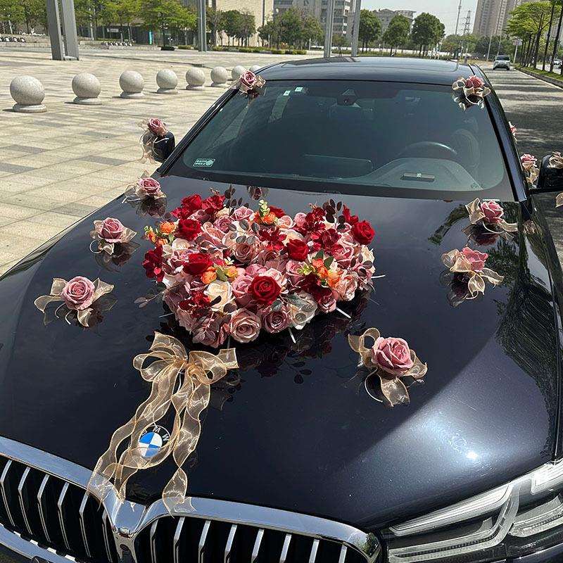 复古红咖色婚车装饰车头花爱心主婚车装饰花车布置结婚全套吸盘