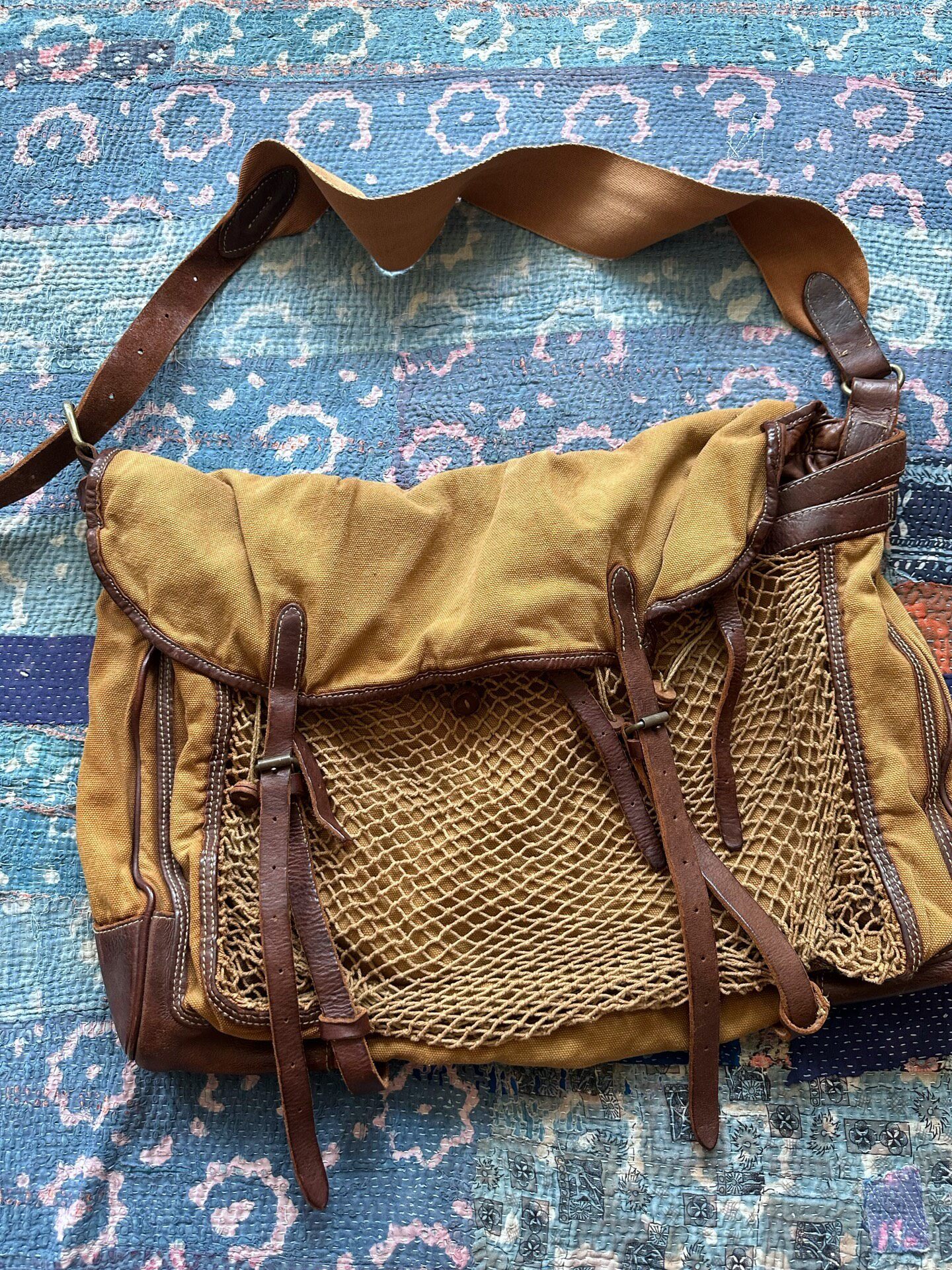 Yellow Canvas Mesh Vintage Crossbody Bag