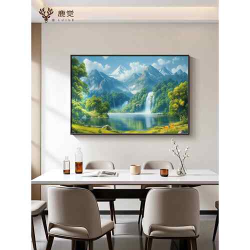 八方来财山水画餐厅背景墙装饰画聚财客厅沙发挂画绿水青山风景画