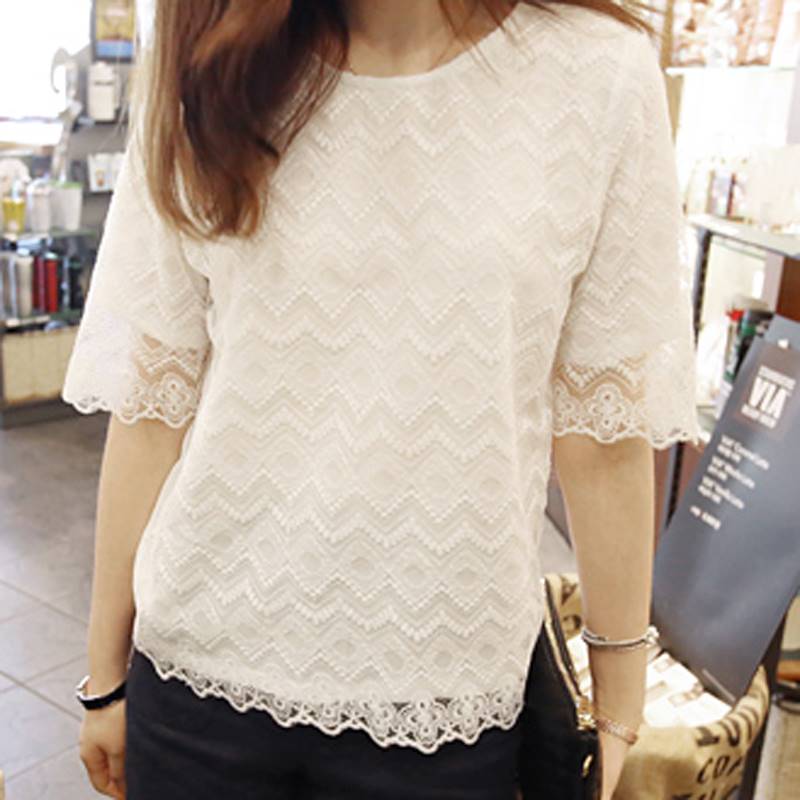 White lace shirt short sleeve women 2019 summer new hollow在类目 女装/女士精品, 蕾丝衫/雪纺衫中 - 来自Buy2taobao.com提供专业的淘宝代购服务