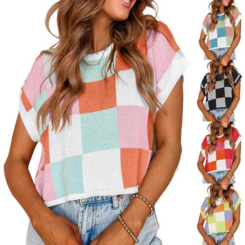Hat sleeve exposed navel short sleeved color block knitted