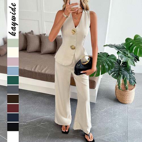 Elegant V Neck Camisole And Wide Leg Pants Set For Women