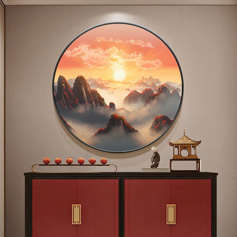 旭日东升圆形玄关装饰画新中式风景画客厅沙发背景墙挂画酒店壁画图片