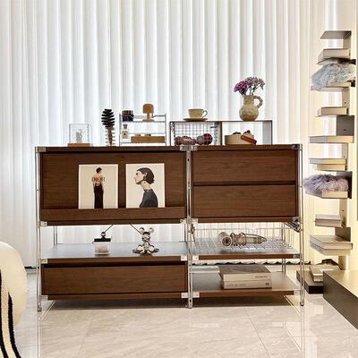 胡桃色中古风杂志柜餐柜咖啡机收纳柜唱片机收纳柜客厅沙发边柜