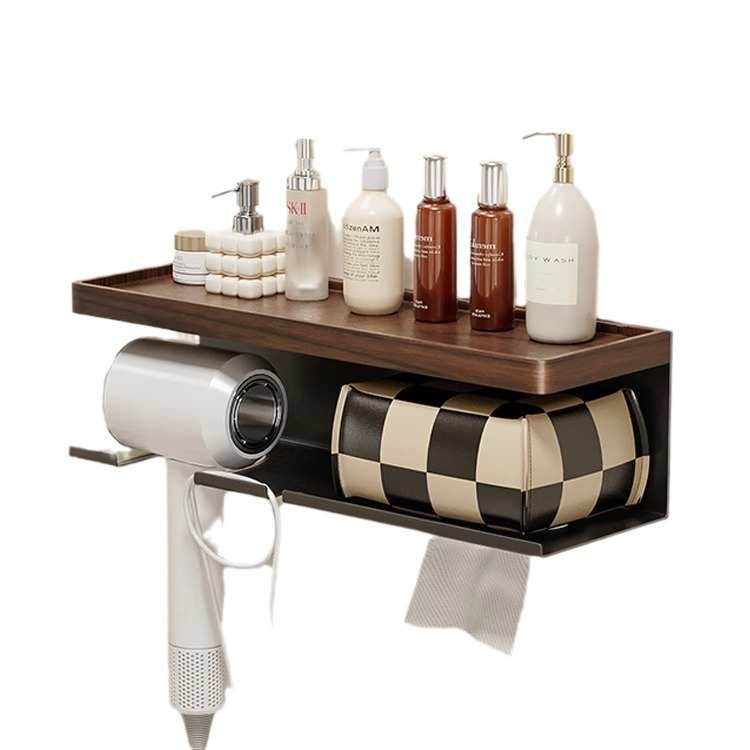 胡桃木免打孔壁挂式吹风机支架卫生间多功能置物架家用整理收纳盒