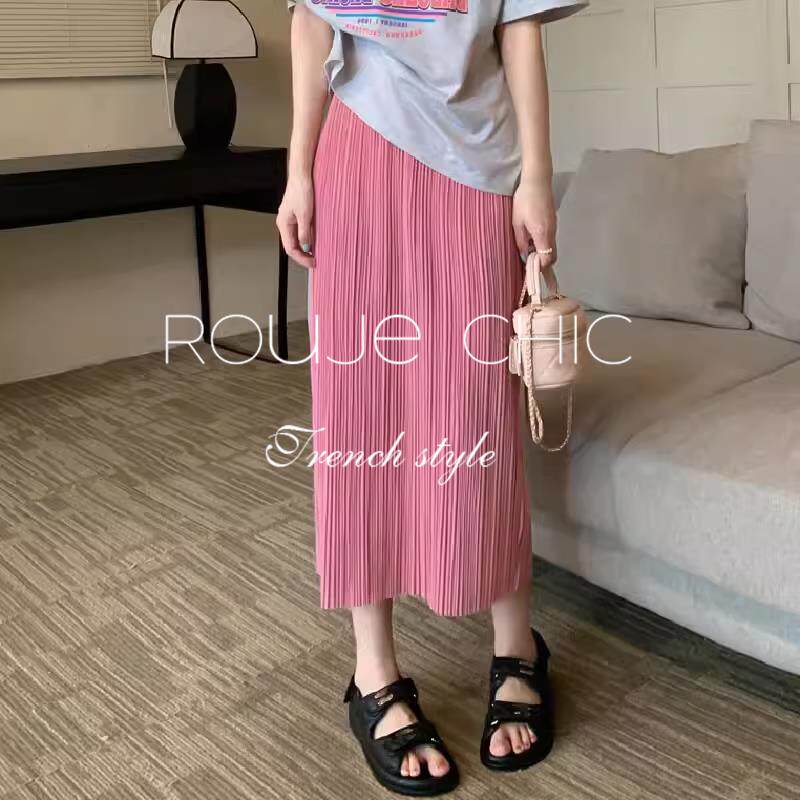 法国Rouje Chic法式粉色压褶后开叉高腰半身裙女夏新款显瘦A字裙