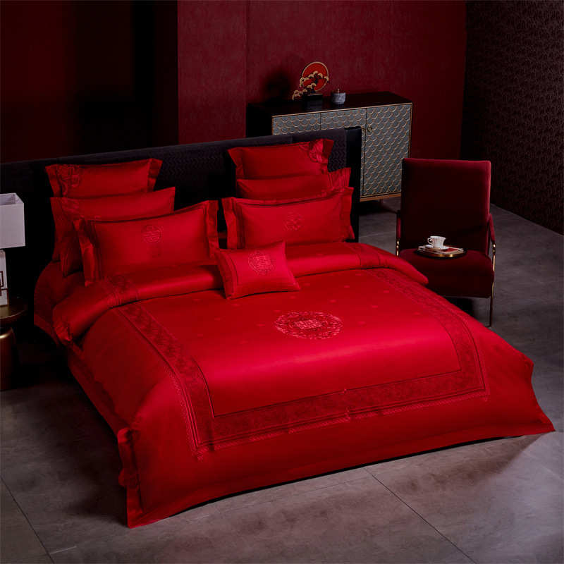 结婚160刺绣八长绒棉双股婚b件套六套结四件婚庆支高端大红版件套