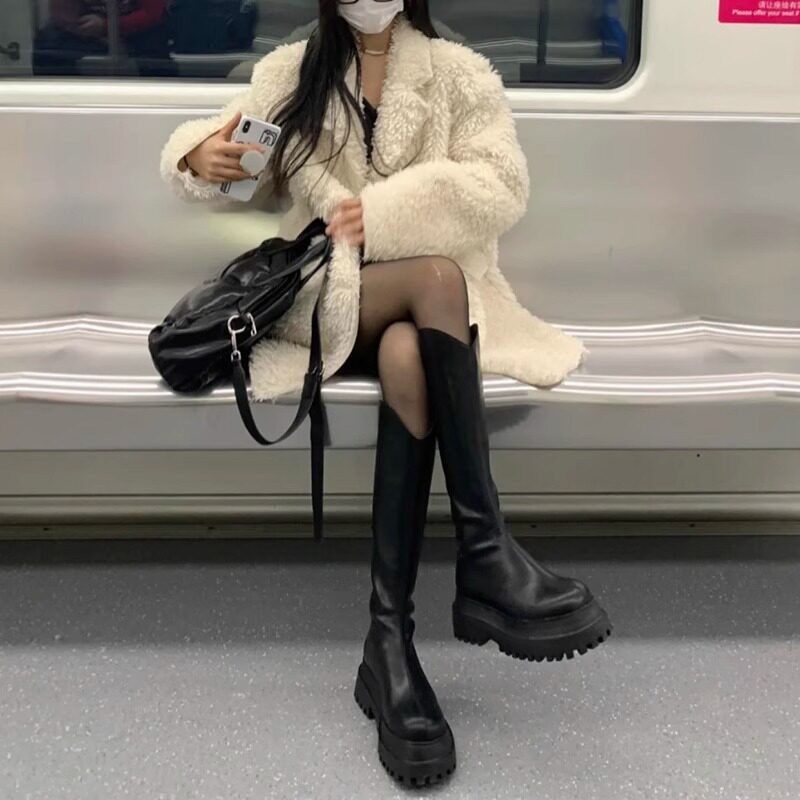 香港长筒靴女2025年春秋新款百搭显瘦增高单靴厚底不过膝骑士靴子