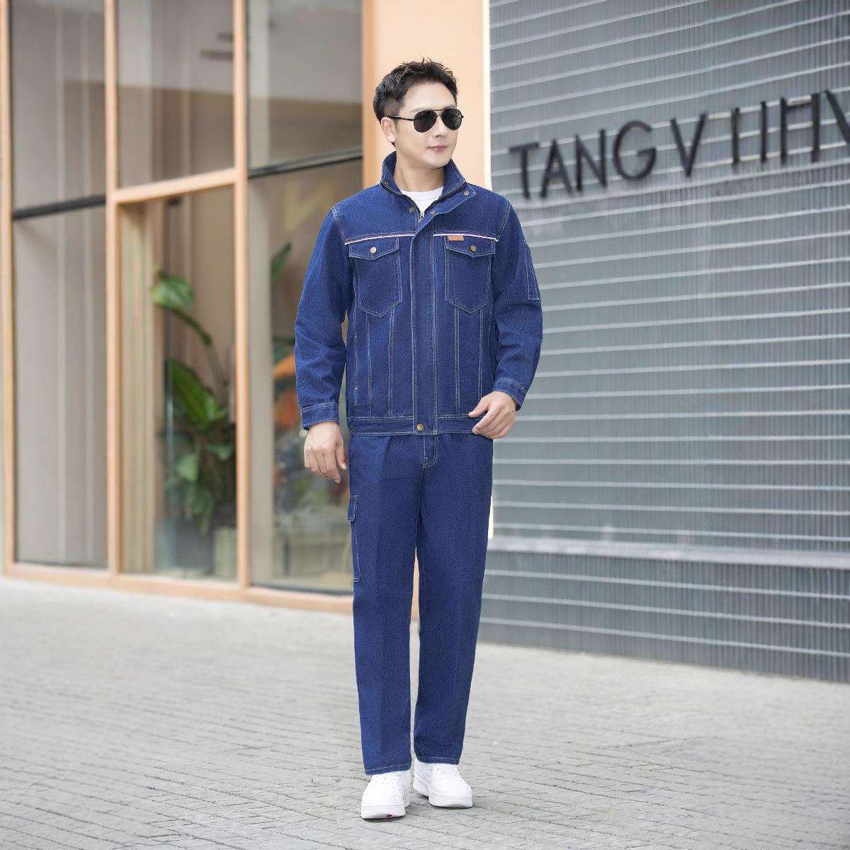 双层加厚电焊工牛仔工作服套装防火花防烫工装耐磨劳保服秋冬厂服
