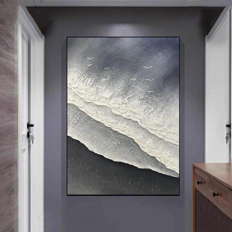 纯手绘油画黑白极简客厅玄关装饰画砂岩立体肌理海浪海鸥现代挂画