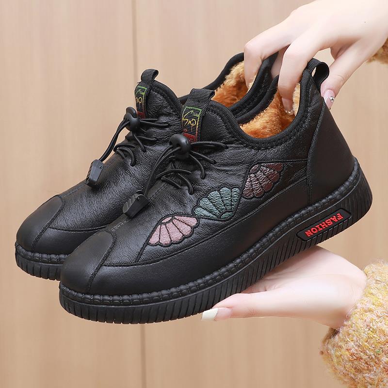 正品2023新款棉鞋冬加绒保暖妈妈鞋防滑软底女靴皮面防老水中年棉