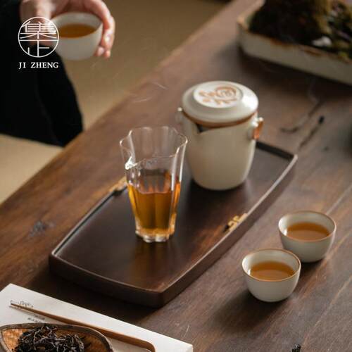米黄汝窑快客杯一壶三杯 户外露营喝茶套装便携收纳旅行茶具 可养