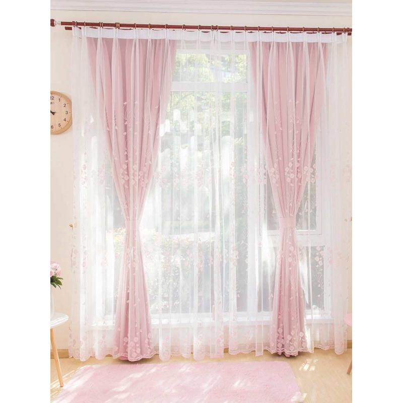 26X8公主风窗帘纱帘粉色遮光窗帘布飘窗卧室落地窗纱绣花韩式窗帘