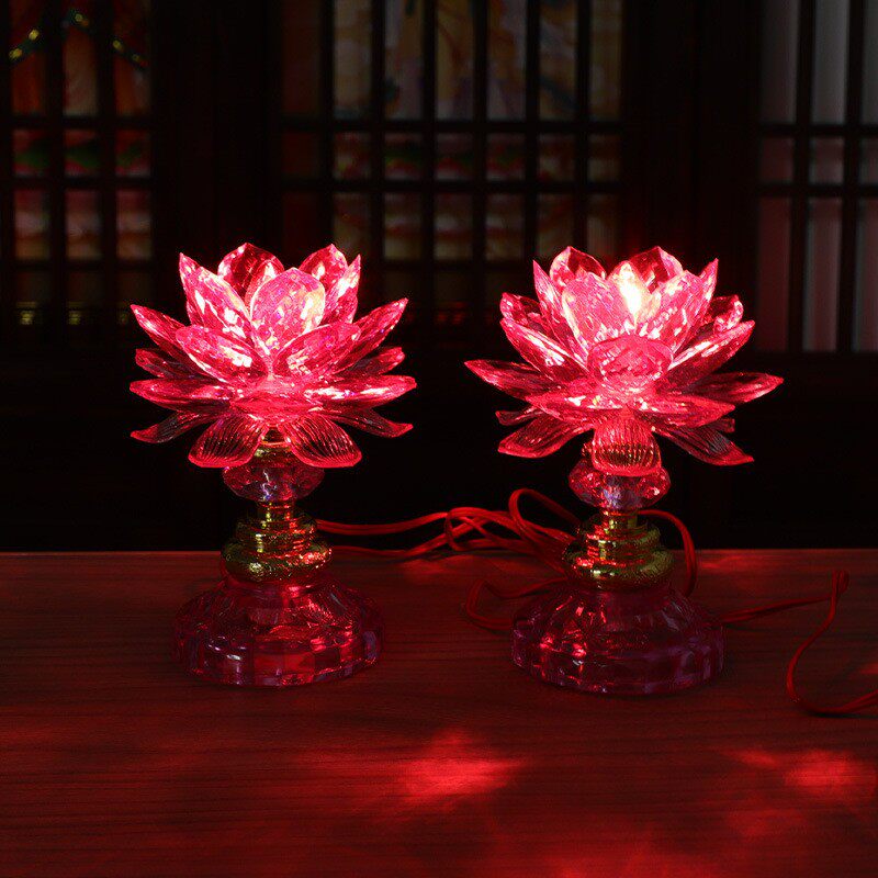 双龙行新款水晶莲花灯进口LED荷花灯佛前供佛供灯摆件神台灯一对