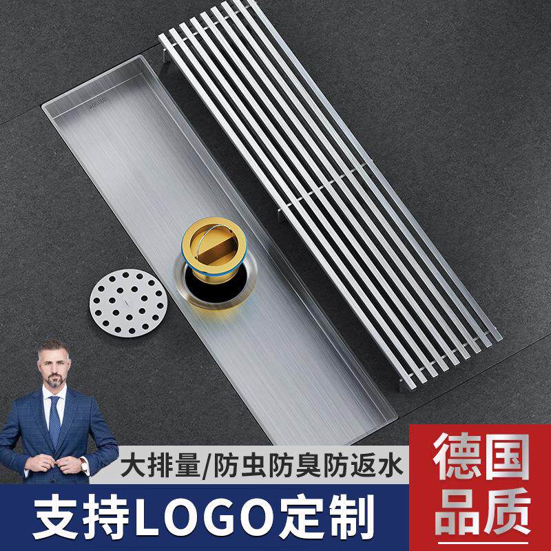 长条地漏不锈钢拉丝银卫生间淋浴全铜芯防臭长方形大排量通用
