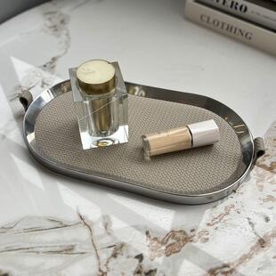 现代艺术金属皮革椭圆托盘样板房卫生间家居首饰装 饰收纳置物摆件