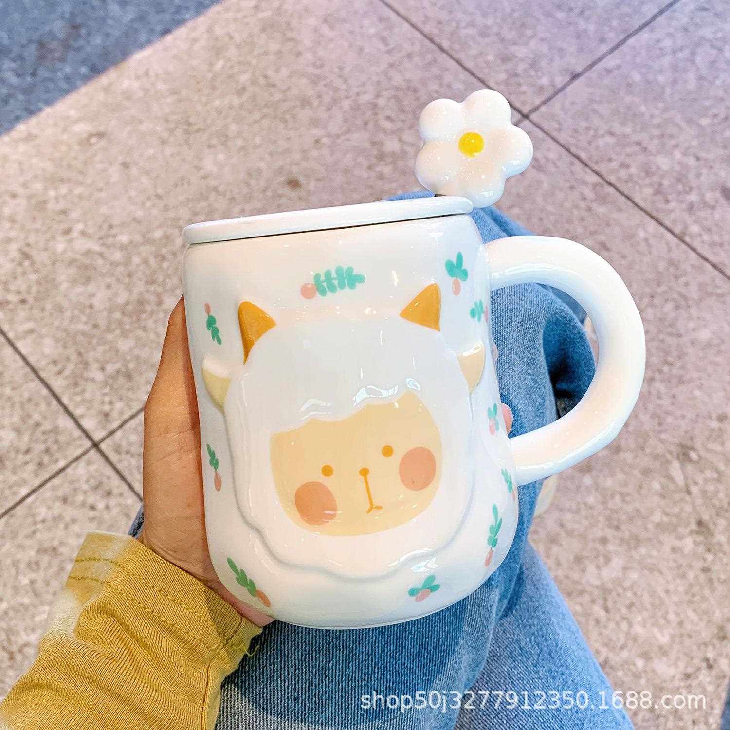 可爱小羊陶瓷杯带盖带勺杯子女用马家克杯大容水杯子GY办量公室