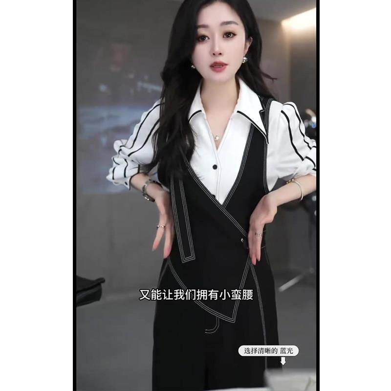 极速网红同款时尚高级感两件套女2026春季新款百搭衬衫休闲背带裤