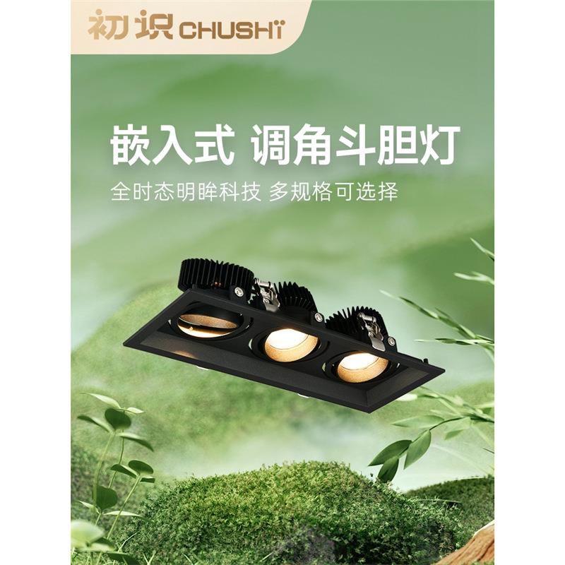 初识照明 射灯嵌入式led斗胆灯双头三头黑色格栅灯可调角度天花灯