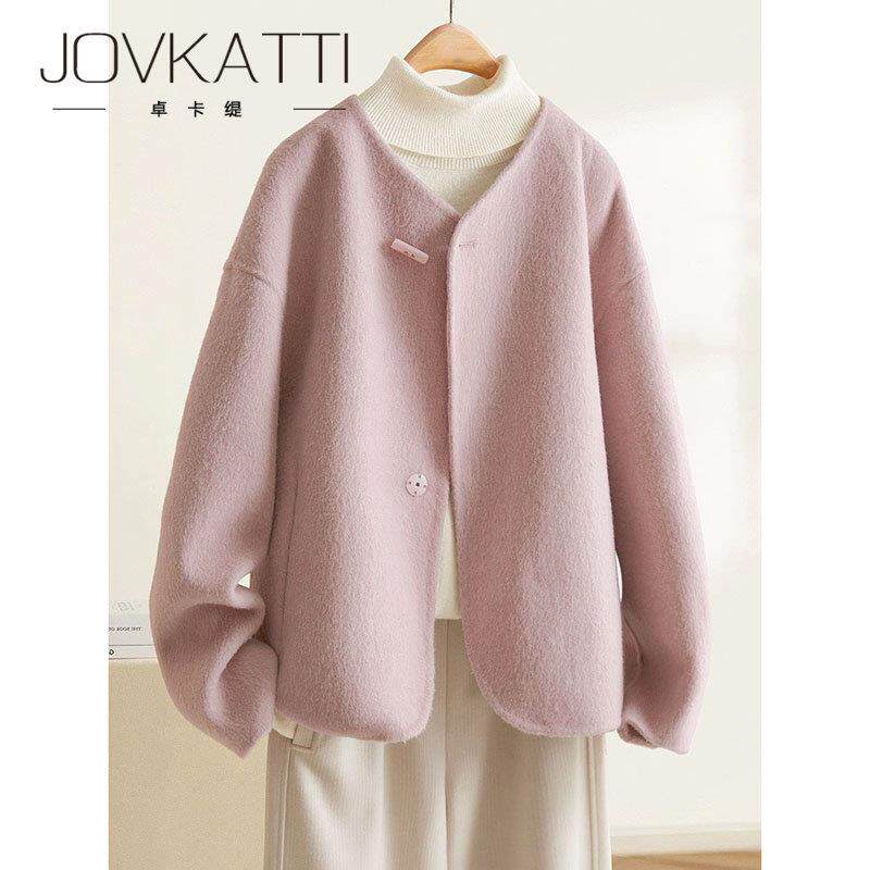 JOVKATTI春季新款气质百搭一粒扣羊毛大衣新中式双面呢宽松外套女