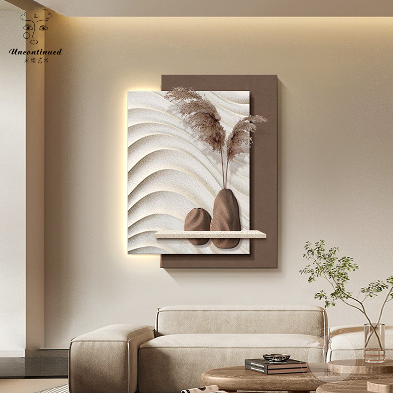 意式极简3d立体客厅装饰画侘寂风沙发背景墙砂岩挂画带led灯壁画