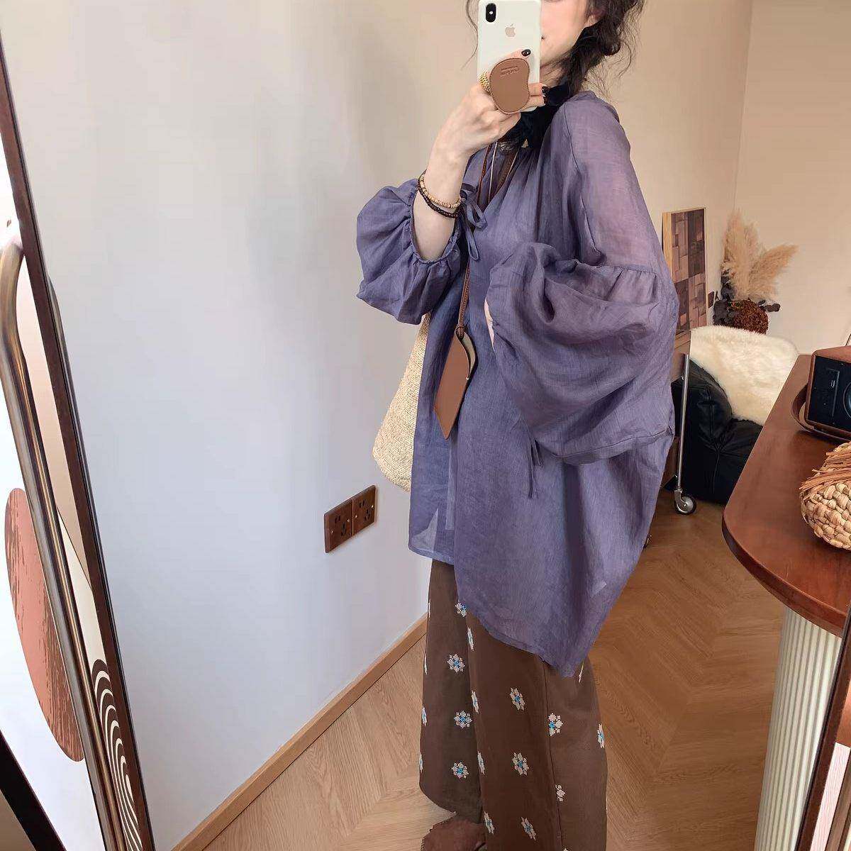 好货法式灯笼袖衬衫2026春季新款女装复古文艺苎麻上衣设计感显瘦