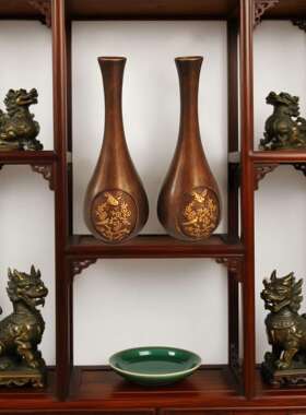 复古纯铜点金喜上眉梢花瓶一对 铜工艺品摆件 文创市集古风老物件