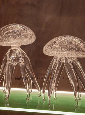 北欧轻奢厚重K9水晶玻璃料桌面摆件海洋水母艺术现代客厅软装饰品