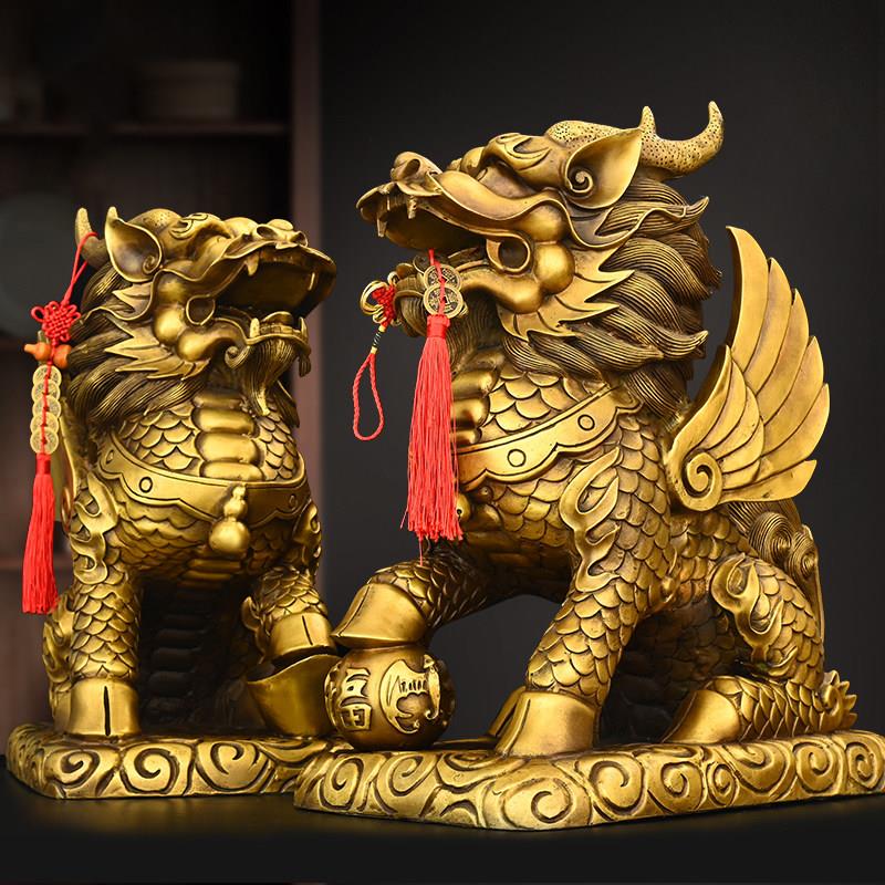 黄铜财富麒麟摆件一对家居房子缺角玄关客厅摆放电视柜桌面装饰