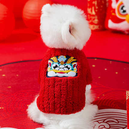 批发小型犬外出加厚新年衣服贴红色布绒秋冬季宠物卡通两脚狗狗衣