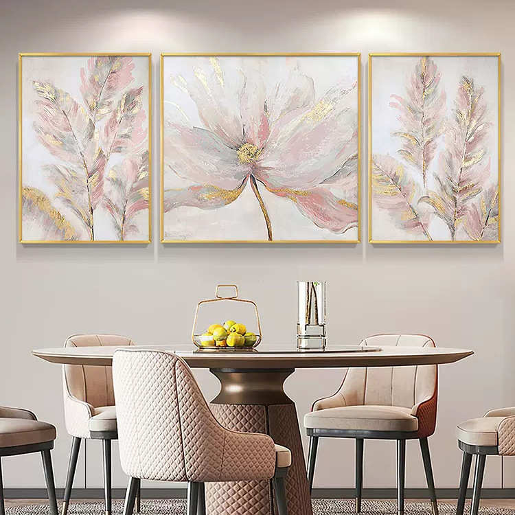 现代轻奢客厅装饰画简约沙发背景墙三联画肌理画抽象花卉手绘油画图片