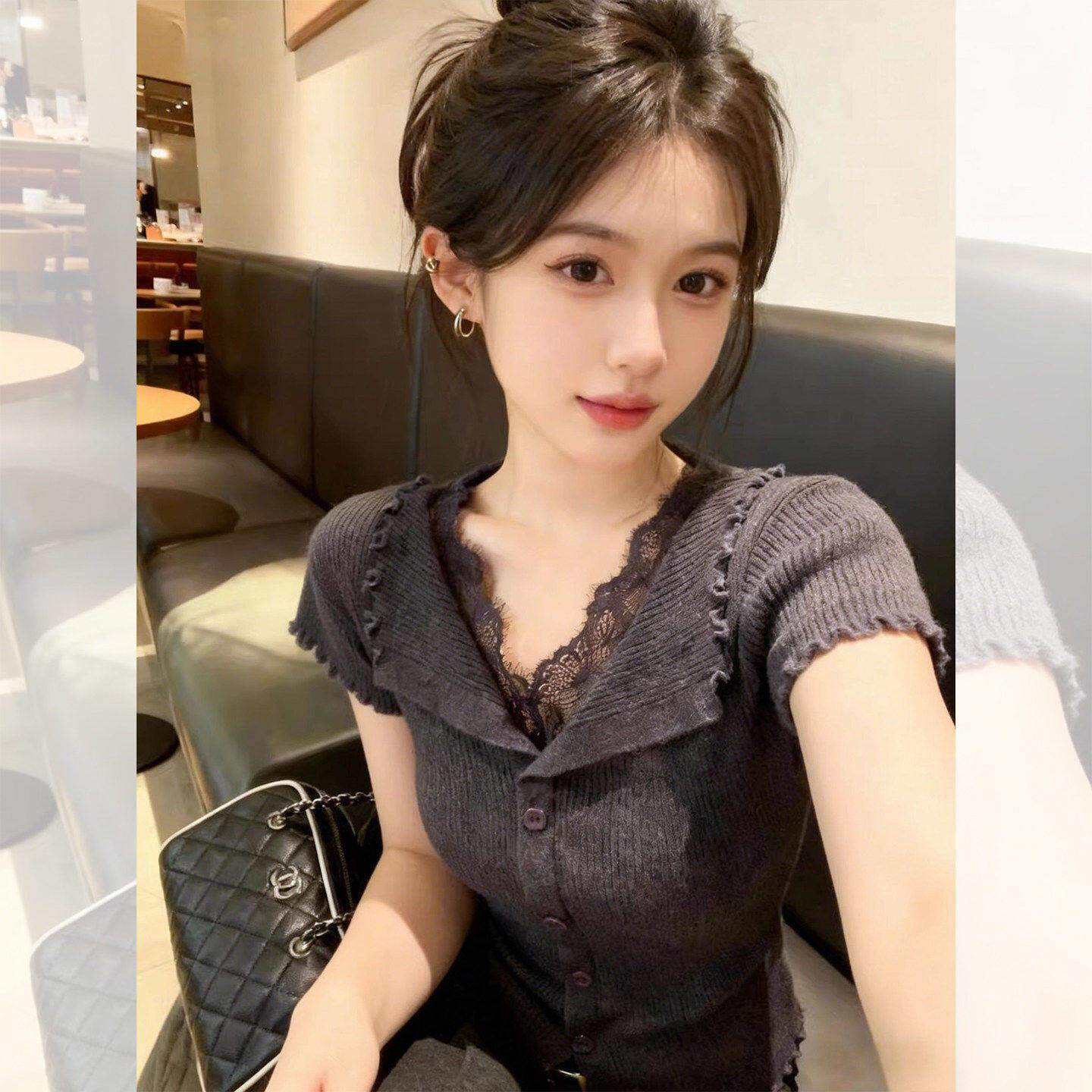灰色蕾丝花边拼接翻领木耳边短袖T恤女夏季2026超火减龄修身上衣