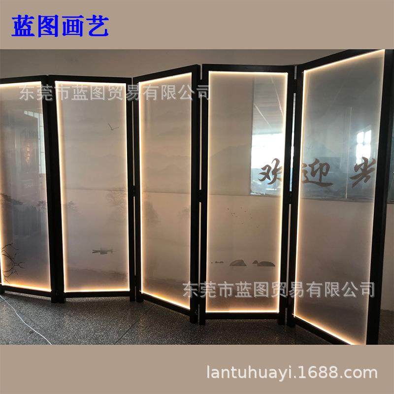 新中式双面半透明纱布画灯带滑轮折叠屏风玄关隔断酒店商用家用