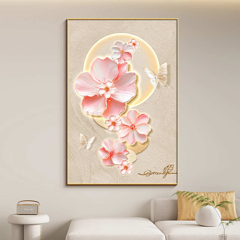 花卉奶油风客厅装饰画立体蝴蝶轻奢高级感落地画新款走廊过道挂画图片
