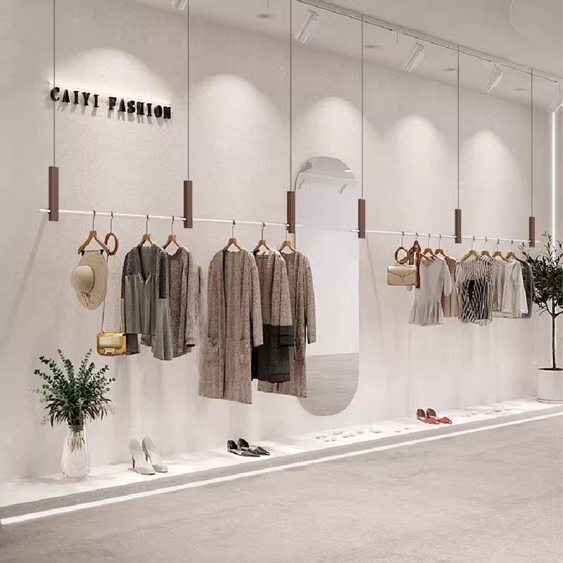 服装展示架不锈钢上墙吊杆悬挂陈列架胡桃木色吊架女装橱窗挂衣架