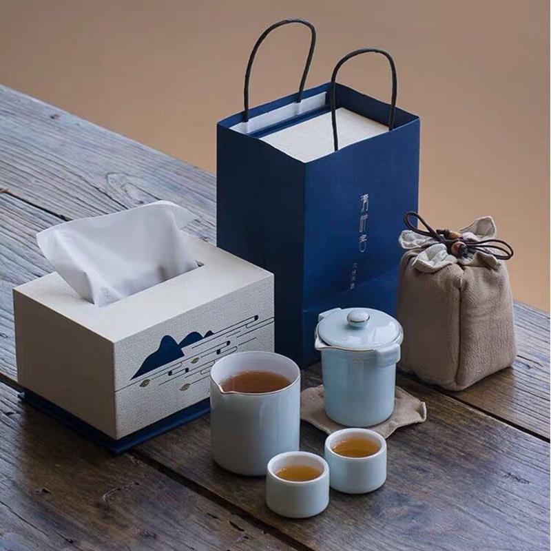 清畔客一壶两杯旅行茶具霁蓝釉快客杯办公室泡茶器logo礼品定制