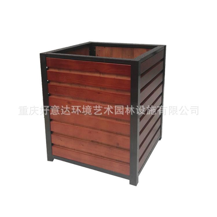简约商业街道隔断花箱室外带logo防腐木花槽户外商场广场木质花箱