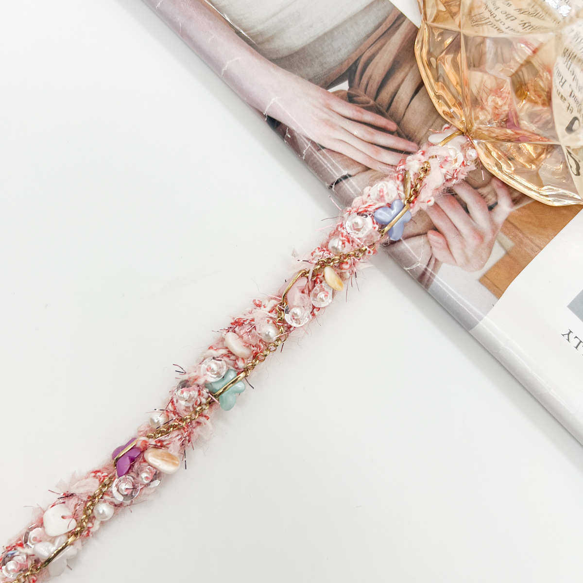 新款粉色小香风1.5公分珍珠亮片链条花边DIY服装配饰花边辅料批发,居家布艺,花边,淘宝优惠券,粉丝福利购,淘宝优惠卷