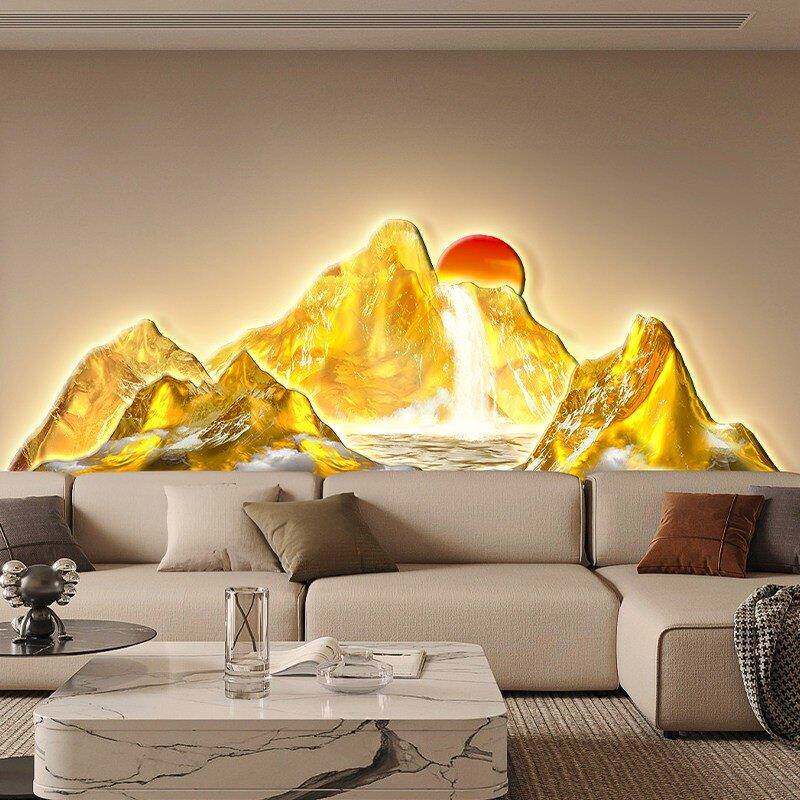 背靠金山客厅装饰画轻奢大气山水带灯壁画旭日东升沙发背景墙挂画