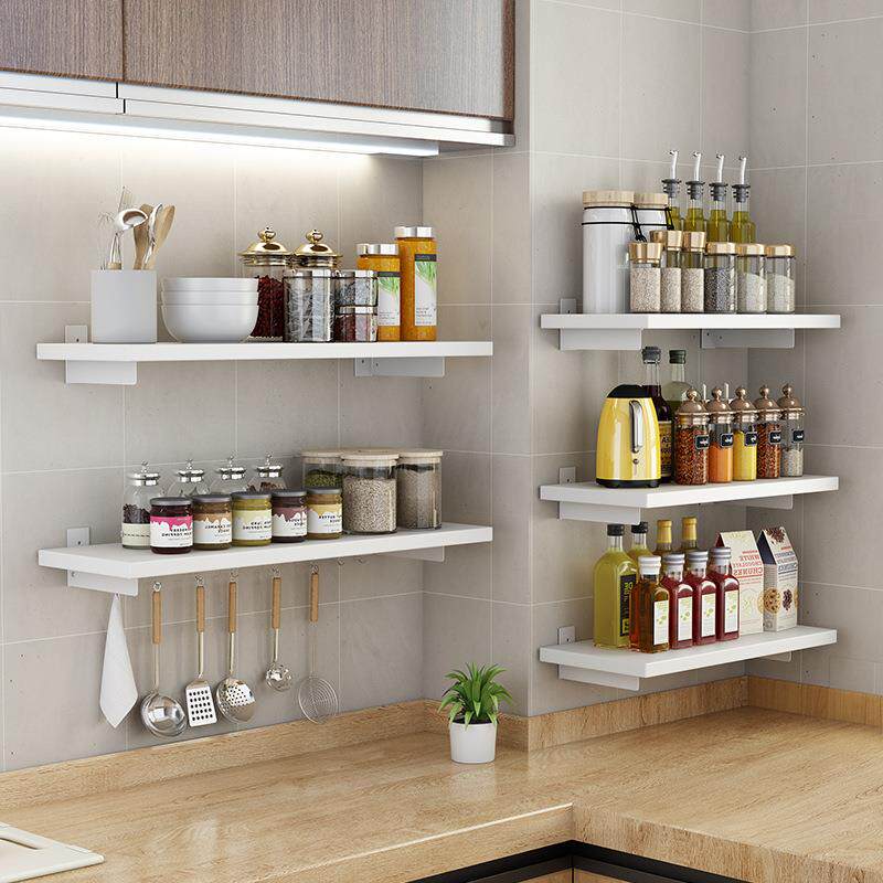 A524免打孔置物板厨房壁挂架子搁架上墙面式调料木收纳挂锅盘白色
