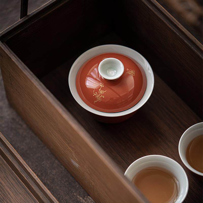 矾红釉仿古盖碗功夫茶具陶瓷岩茶碗描金梅兰竹菊仿烫泡茶碗