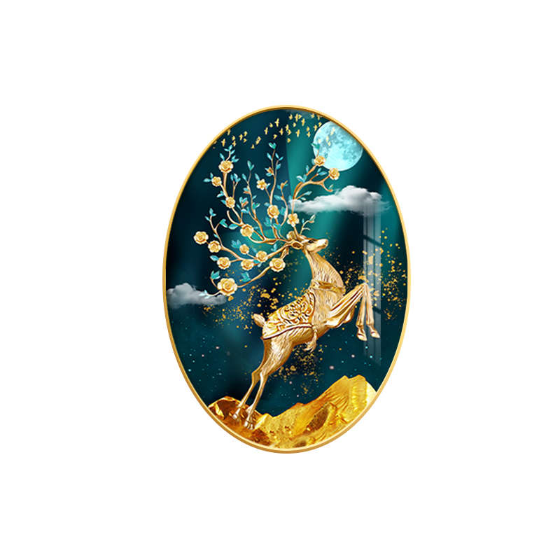椭圆形麋鹿装饰画现代餐厅挂画高端大气高级感家用玄关壁画创意图片