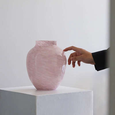 bestwest中古浅粉玻璃特别好看的花瓶摆件轻奢高档客厅水培插花瓶