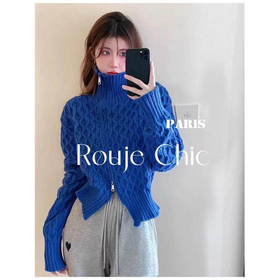 法国rouje chic法式克莱因蓝高领双拉炼麻花毛衣女秋冬加厚针织衫